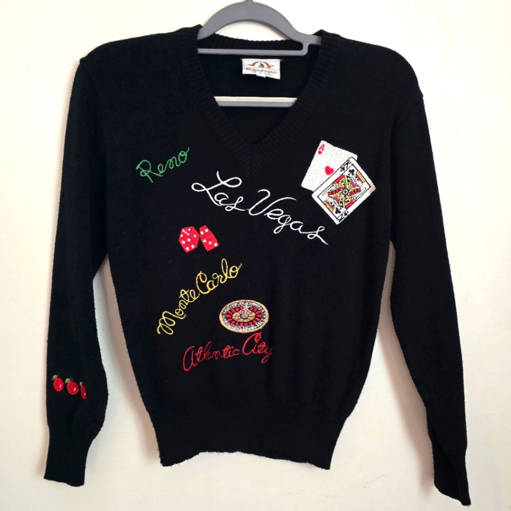 Vintage Womens Sir Robert Originals Embroidered Casino V-Neck Sweater Small